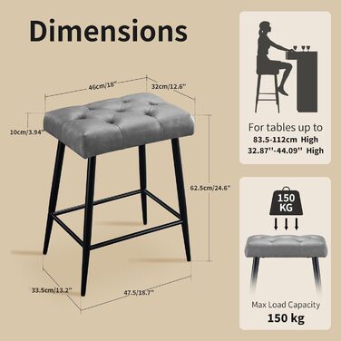 Набір з 2 барних стільців з мікрофібри, сірого кольору, з підніжкою, 62.5 см, без спинки для кухні, бістро, їдальні