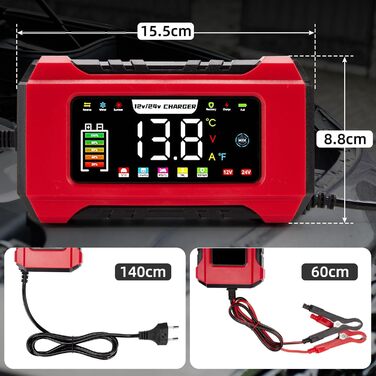 Зарядний пристрій для акумулятора HAUSPROFI 15A 12V/24V з функцією ремонту та підтримання заряду, 9-ступінчаста зарядка, LCD-дисплей для авто, вантажівки, мотоцикла, човна. Підходить для акумуляторів: свинцево-кислотних, AGM, EFB, LiFePO4