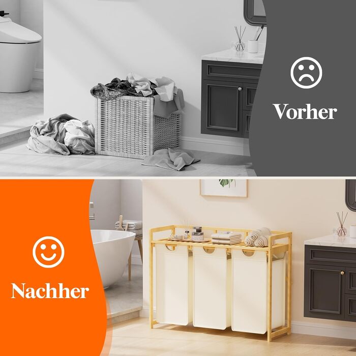 Кошик для білизни Lifewit з бамбуковим каркасом, 150 л, 3 відділення, білий. Сортер для одягу, рушників, іграшок. Розміри: 96 x 33.4 x 72 см