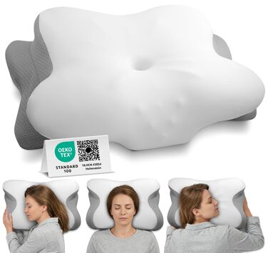 Ортопедична подушка для шиї при болях у шиї з високоякісної піни з пам'яті - Ергономічна подушка для шиї - Подушка для тих, хто спить на боці, спині та животі - Прати при 40°C, 61 x 40 x 12 см, Біла