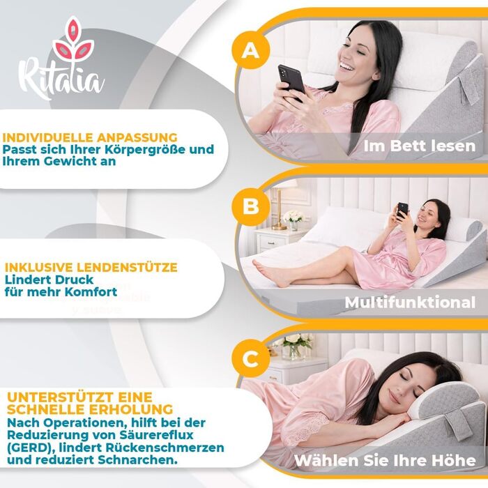 Ортопедична подушка для ніг Ritalia Venenkissen: підтримка ніг, лікування варикозу, 3 рівні висоти, 60x60x30 см, сірий колір