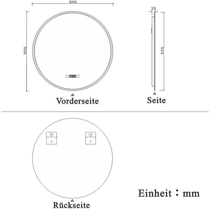 Круглий LED дзеркало для ванної кімнати 70 см з підсвічуванням, сенсорне керування, протизапотівання, Alpha Серія, холодний білий світ, 60x60 см, годинник