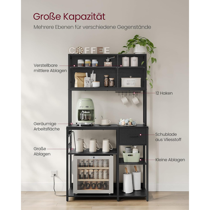 Стелаж кухонний VASAGLE з розетками, 40 x 100 x 180,4 см, з регульованими полицями, ящик з тканини, 12 гачків, антрацит-чорний, KKS027B02