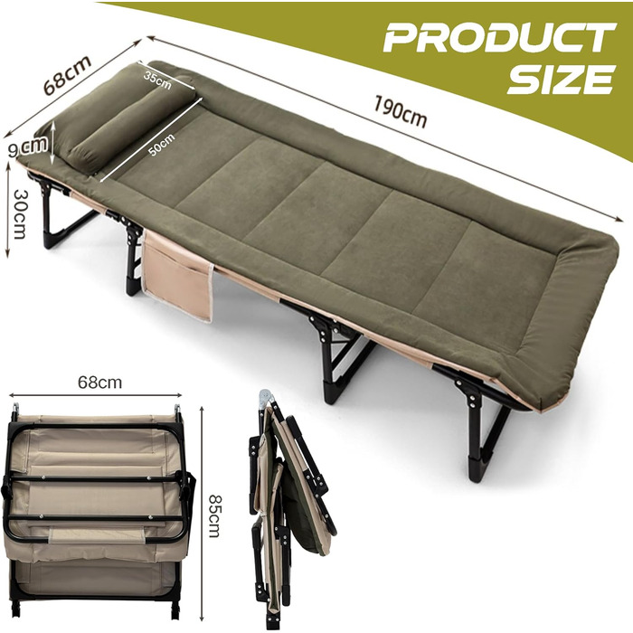 Розкладне кемпінгове ліжко XXL — Широка складана койка-розкладачка з регульованою спинкою для відпочинку, риболовлі та саду, зелена