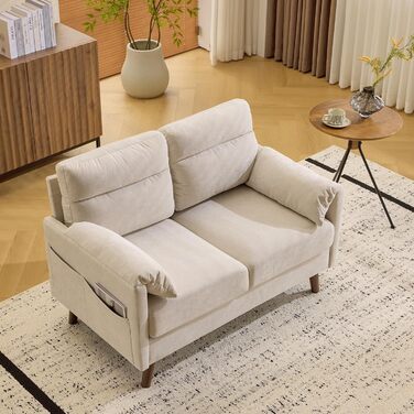 Диван Bonnlo 2-місний, компактний, 125 см, тканинний, бежевий. Зручні підлокітники, для офісу, вітальні, спальні, кабінету. Легка збірка. Льон.