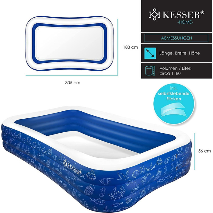 KESSER® Надувний сімейний басейн для дітей та дорослих, 305x183x56 см, 1180 л, дитячий басейн для саду, зливні отвори, блакитний
