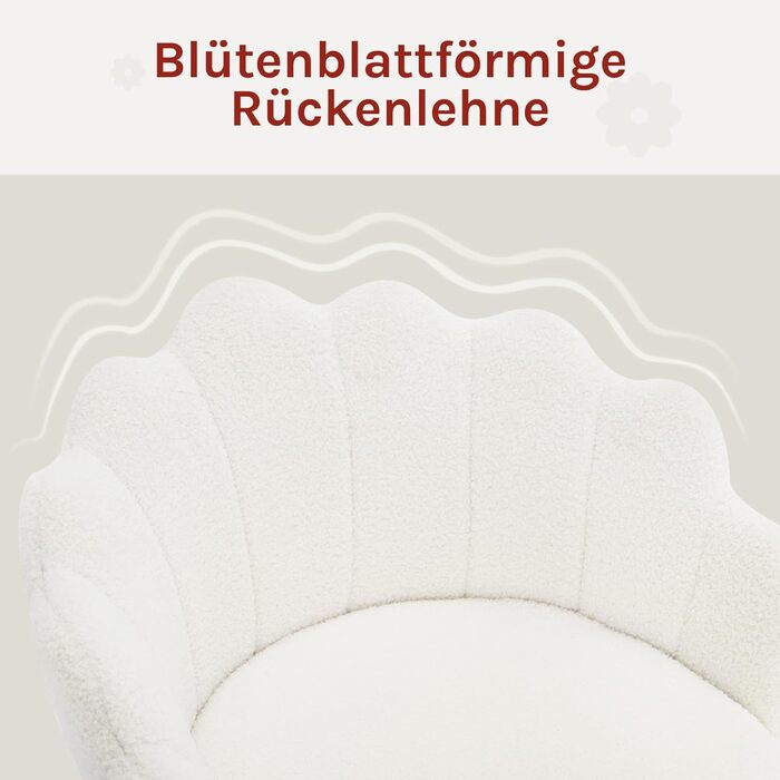 Крісло WOLTU для офісу та дому, крісло до туалетного столика з м'якою спинкою у вигляді пелюсток, поворотне з колесами, регульоване по висоті, для робочого кабінету, спальні, (кремово-білий, кашеміровий матеріал)