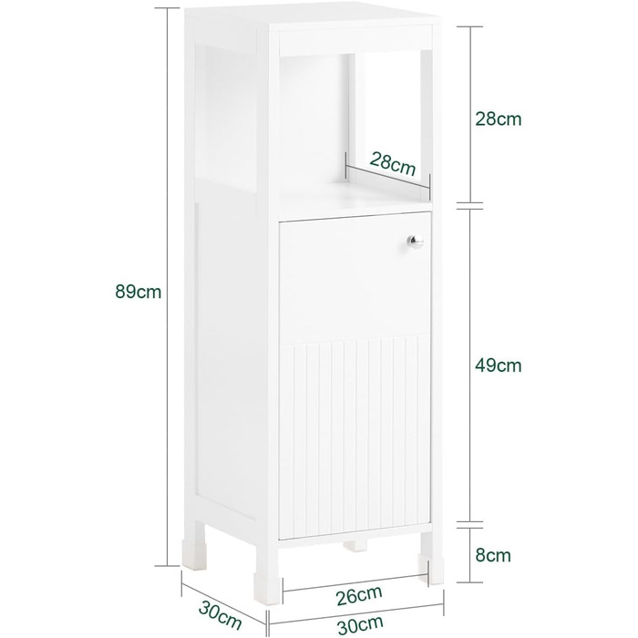 Шафка для ванної кімнати SoBuy BZR186-W, 30x30x89 см, білий колір, з регульованими полицями, вузька, для маленьких ванних кімнат