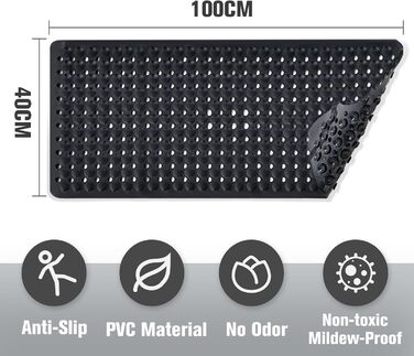 Нековзний килимок для ванної BASVII 100x40 см, 300 присосок, без бісфенолу А, можна прати в пральній машині, чорний