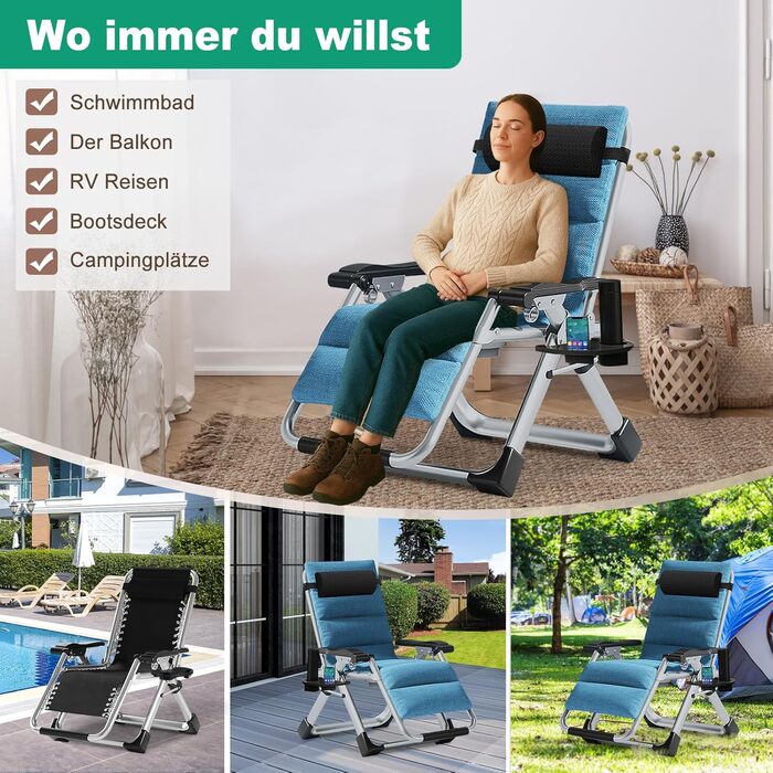 Шезлонг для відпочинку, розкладний, 200 кг, Zero Gravity, з подушкою, підстаканником, широкий, регульований, для саду, патіо, пляжу, басейну (блакитний)