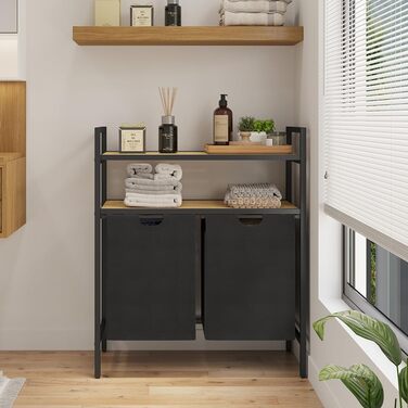 STEELSØN Сортувальник для білизни Rigil з 2 відділеннями та бамбуковою полицею – кошик для білизни на 2 контейнери по 45 л, чорного кольору – металевий сортувальник білизни з висувними мішками – контейнер для брудної білизни з 2 відділеннями та полицею