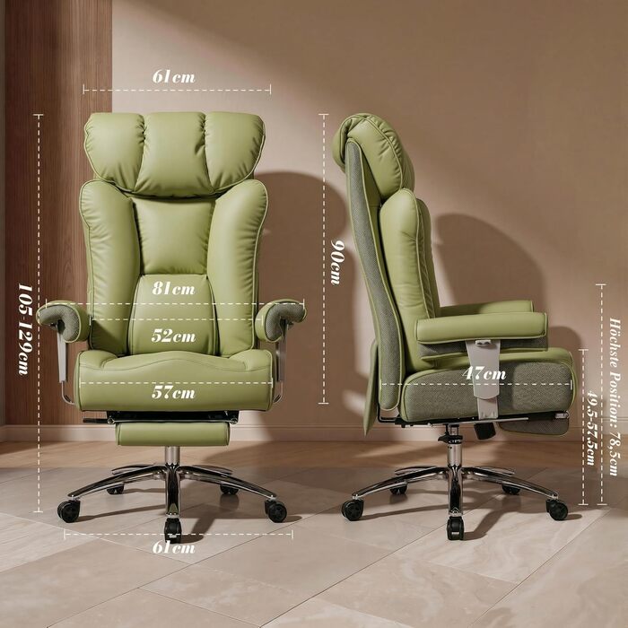 Офісний стілець Efomao XXL до 200 кг з підставкою для ніг, екошкіра, висока спинка, регульовані підлокітники, підтримка попереку, сірий