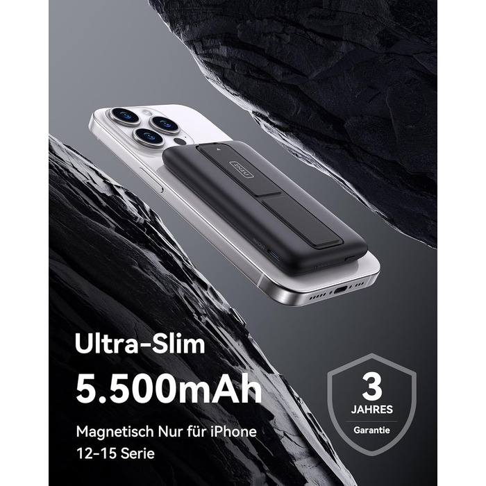 Магнітний, тримач для телефону, для iPhone 16-12 Pro Max, Чорний, 5500mAh 20W, USB C