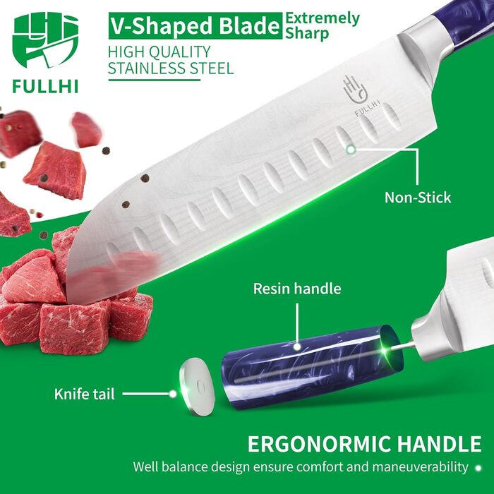 Японський набір ножів Fullhi 15 предметів з магнітним підставкою, леза з японської сталі, ергономічні ручки з фіолетового харчу, для професійної та домашньої кухні