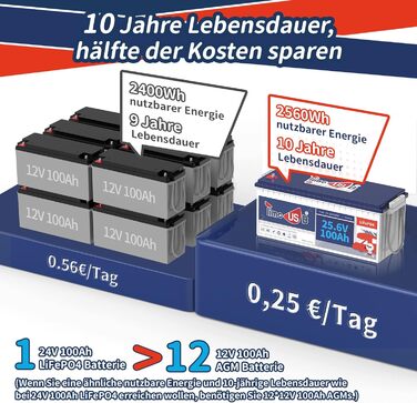 Акумулятор LiFePO4 Timeusb 24 В 100 Ач, 2560 Втгод, 100 А BMS, 10 років, для автофургону, кемпера, накопичувача енергії