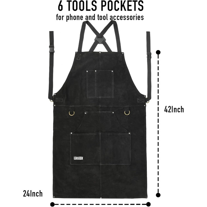 Зварювальний фартух з шкіри LeaSeek, термостійкий та вогнестійкий, з 6 кишенями, 42' (107 см) - великий розмір, для зварювання та грилю, з рукавичками (24'x 36' з рукавичками)