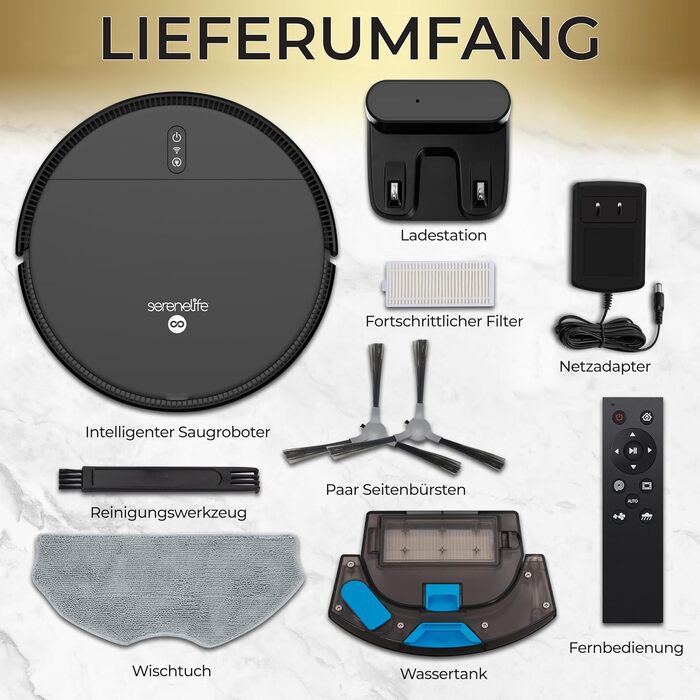 Робот-пилосос SereneLife 3-в-1 з функцією миття, керування через додаток, для тварин та килимів, 1000Pa, чорний