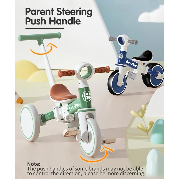 Дитячий біговел-триколіс LOL-FUN 5-в-1 з ручкою, зелений - для хлопчиків та дівчаток від 1 року