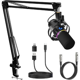 Сокодокс XLR/USB мікрофон з підставкою, мікрофон для стрімінгу з шумозаглушенням, регулятором гучності, мікрофон для подкастів, студії, геймінгу та запису