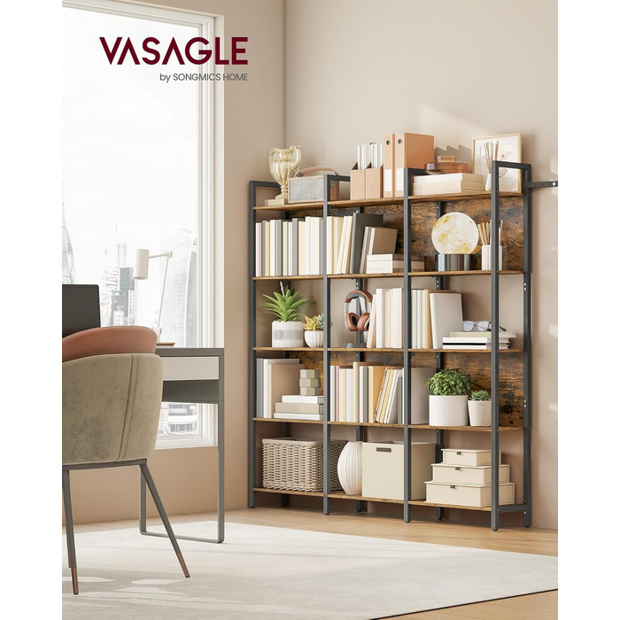 Стелаж VASAGLE з 5 полицями: для кухні, офісу, вітальні. Сталевий каркас, індустріальний дизайн, розмір 24x128x154,1 см, колір vintagebraun-tintenschwarz