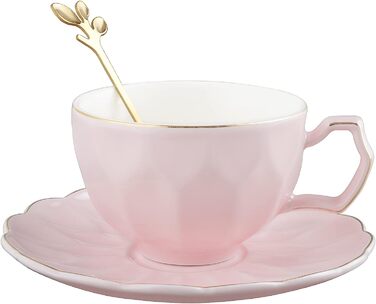 Набір чайних чашок і блюдців fanquare об'ємом 200 мл для 1 людини, керамічна чашка із золотою оправою, порцелянова кавова чашка з ложечкою, темно-зелений (рожевий)