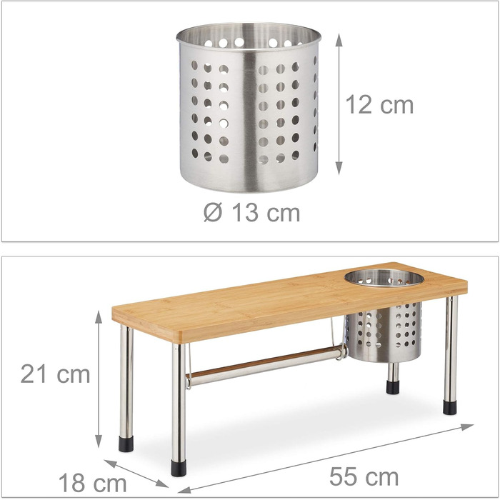 Кухонна полиця Relaxdays для стільниці, тримач для кухонних рулонів і кошик для столових приборів, стійка для спецій, бамбук і нержавіюча сталь, натуральна/срібло, 21 x 55 x 18 см