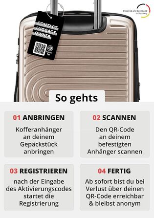 Набір валіз Hauptstadtkoffer Mitte 3шт + цифровий багажний тег - валізи-ролери 55/68/77 см + брелок з QR-кодом, 4 подвійні колеса, жорсткий корпус ABS, XL-розширення об'єму, TSA, (шампань, 55 см)