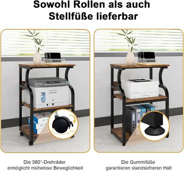 Регульований стіл для принтера PUNCIA з 3 ящиками, на коліщатках, 50x40 см, дерево & метал, для офісу/кабінету, ретро