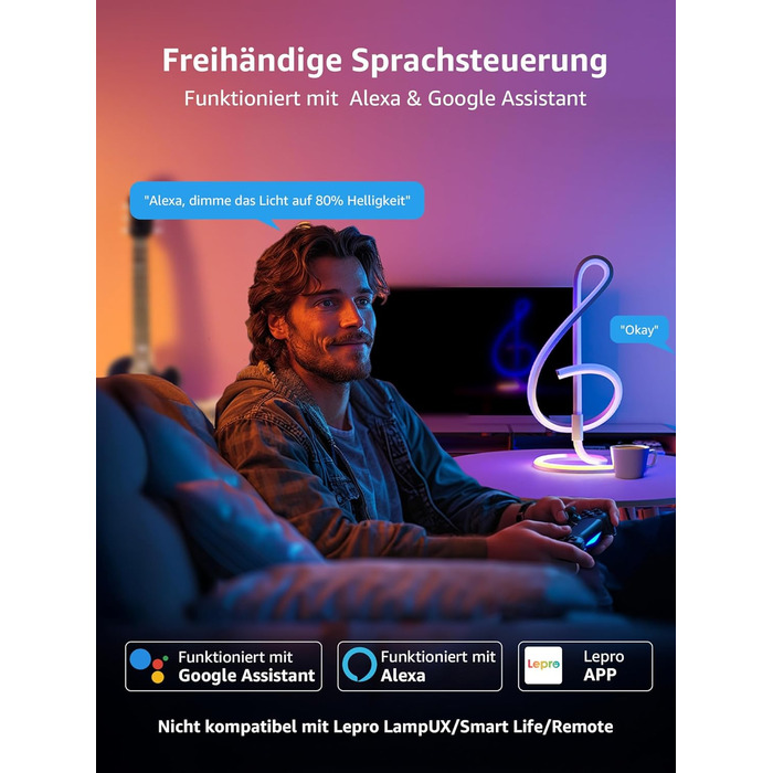 Lepro AI розумна настільна лампа TB2 з персоналізованим AI-дизайном освітлення, синхронізація з музикою/керування через додаток, регулювання яскравості, RGB+IC технологія, сумісна з Alexa/Google, без пульта керування, дизайн 'Скрябін'