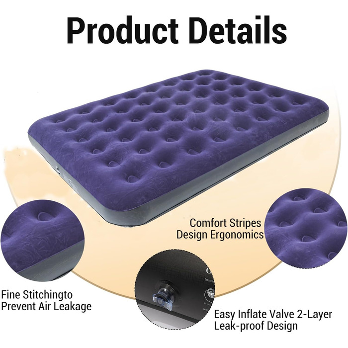 Надувне ліжко Icelus 204x153x23 см з повітряним насосом. Ліжко для кемпінгу, подорожей та дому. Blue Black, двоспальне.
