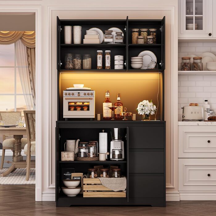 Чорний кухонний буфет з LED-підсвіткою, стільницею та 3 висувними ящиками, 180x100x38.5 см