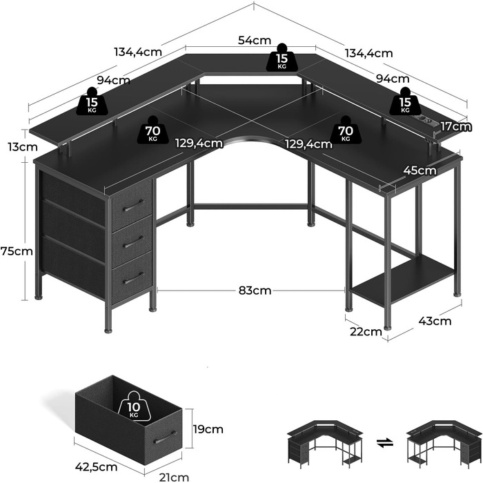 Ігровий кутовий стіл Seventable L-подібний з LED підсвіткою та розетками, 3 ящики, чорний 135x135x88 см