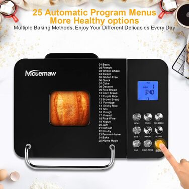 Хлібопічка, автоматична хлібопічка Nictemaw 25 програм, ємність 500 г/750 г/900 г РК-дисплей, програмована для хлібопічки, таймер на 13 годин, для хліба, печива, тіста (1000 Вт)