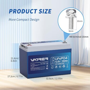 Літієва батарея VATRER POWER 12V 100AH LiFePO4 з Bluetooth, 100A BMS, 5000 циклів, 1280 Вт, захист від низької температури