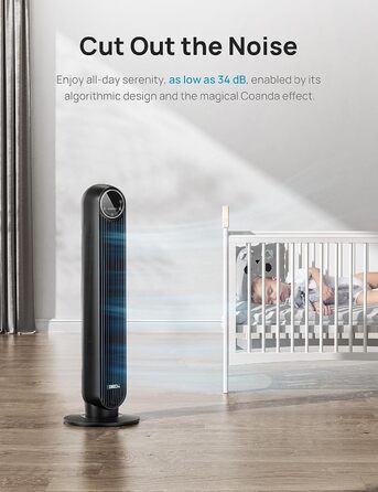 Dreo Smart Tower Fan - Безшумний вентилятор з керуванням через додаток та голосовим управлінням, 90° обертання, 4 режими, 4 швидкості, таймер 8 годин, Nomad One S, чорний