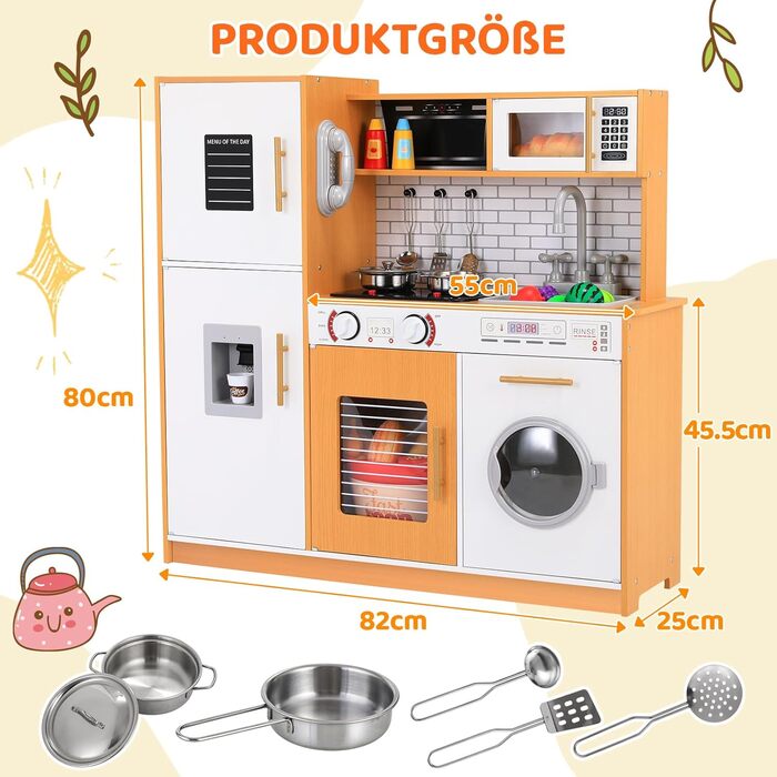 Дерев'яна дитяча кухня MAMIZO з підсвіткою та звуком, 82x80x25 см. Комплект аксесуарів, іграшка для дітей від 3 років, білий колір (біле дерево)