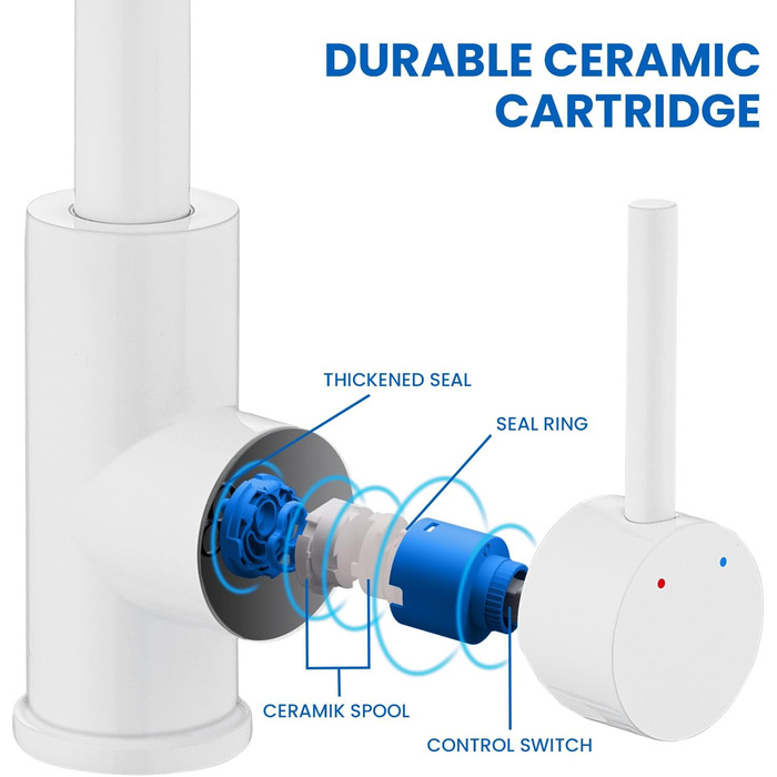 Змішувач для ванної кімнати/кухні Auralum з поворотним гусаком 360°, з високоякісної латуні, з підключенням 60 см, однорідний змішувач (білий)