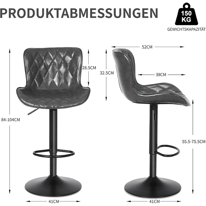 Барні стільці Youhauchair 3 шт., шкіряні, регульовані по висоті, з підніжкою та спинкою, сірі