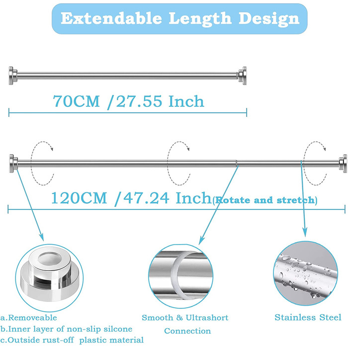 Стрижень для душу з нержавіючої сталі, , без свердління, для завіси для душу, висувний стрижень, завіса для душу для душу, ванни, вікна ванної кімнати, 70-120 см новий дизайн (чисте срібло, 70-120 см (2 шт., 22 мм)