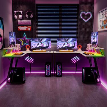 Ігровий кутовий стіл Devoko 130x130 см з LED RGB-підсвіткою, підставкою для монітора та гачком для навушників, карбоновий білий