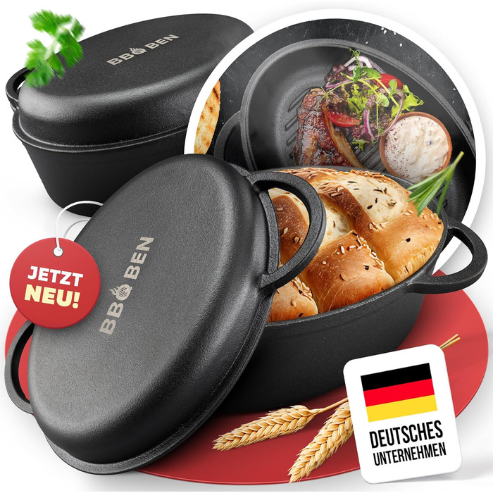 Гusseisen Bräter (34 см) з кришкою: сковорода-жаровня з чавуну для гриля, Dutch Oven, для індукції, газового гриля та духовки