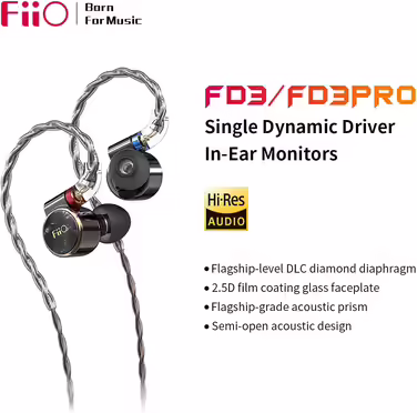 Внутрішньоканальні навушники FiiO FD3, Hi-Res, 1 динамічний драйвер, MMCX, DLC-діамантова мембрана, 4-жильний монокристалічний мідний кабель, чорні