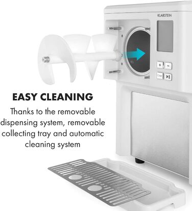 Машина для приготування морозива Klarstein Sweet Sundae, 1.5 л, компресор, 200 Вт, система видачі, авто-охолодження 3 год, авто-очищення, нержавіюча сталь, білий
