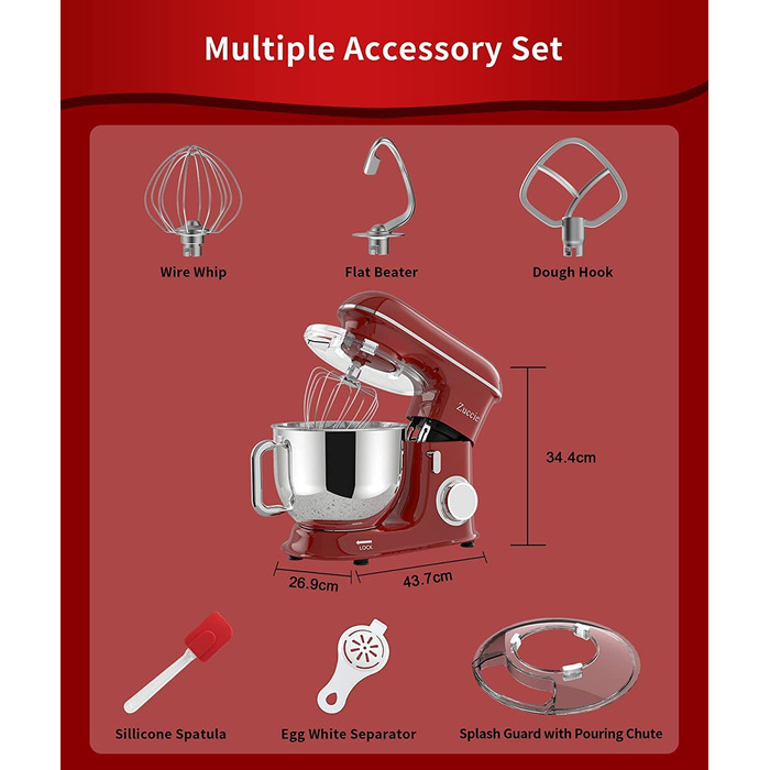 Кухонна машина Zuccie з тихою роботою, місткістю 5л, з нержавіючою сталевою чашею, 3 насадки, захист від бризок, скребок для тіста та роздільник яєць, 8+ швидкостей