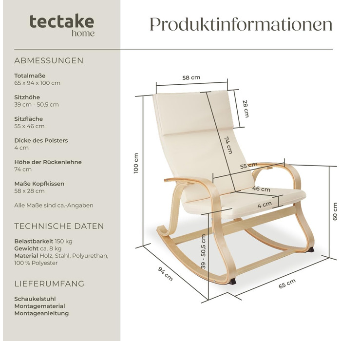 Гойдалка-крісло Tectake з підлокітниками, бежеве - для вітальні, дитячої, годування, спальні (до 150 кг) з подушкою