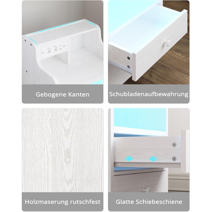 Нічний столик IRONCK з LED-підсвіткою, розеткою та функцією зарядки, з ящиками, білий.