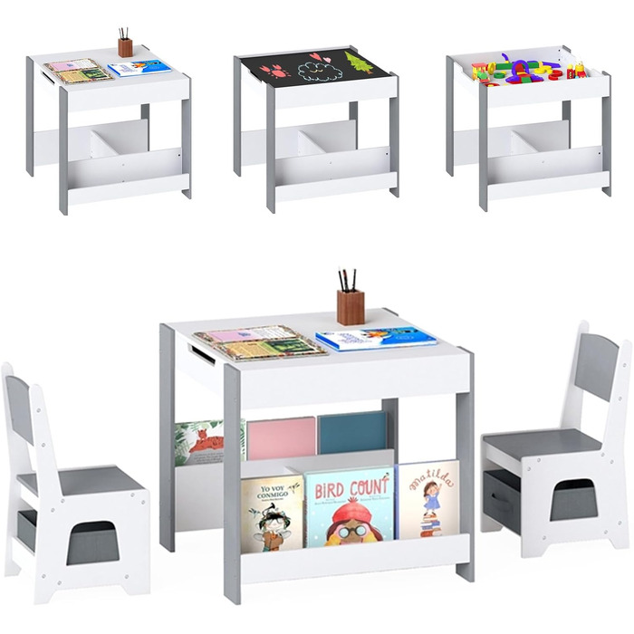 Дитячий стіл LIFEZEAL 3 в 1 з 2 стільцями: стіл для малювання, активностей та обідній стіл. Дерев'яна дитяча група з місцем для зберігання (світло-сірий)