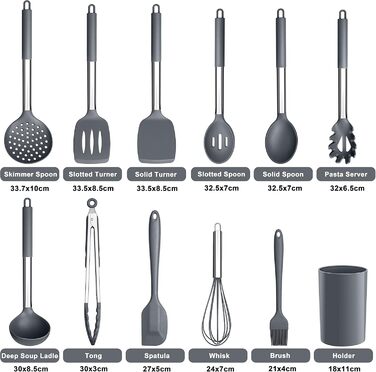 Набір кухонного приладдя Herogo, 12 шт. Силіконові кухонні інструменти з нержавіючою сталею, стійкі до високих температур, лопатки, ложки, шпателі з підставкою, легко миються (Сірий)