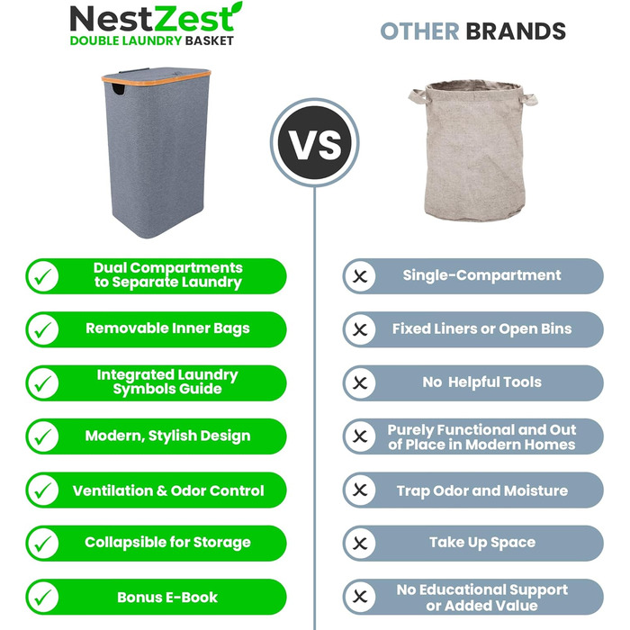 Кошик для білизни Nest Zest 100L з кришкою, 2 відділення для сортування, з інструкцією по догляду та 2 знімними внутрішніми кишенями, з бамбуковим обідком, Оксфордська тканина (Сірий)
