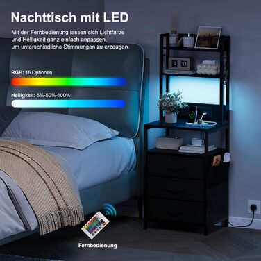 Нічний столик з підзарядкою та LED, приліжний столик з 3 висувними ящиками з тканини, нічник з полицею для книг, відкрите відділення, 2 розетки AC, 1 USB та 1 Type C роз'єми, для спальні, вітальні, офісу (Чорний) 40x30x60 см Чорний 1